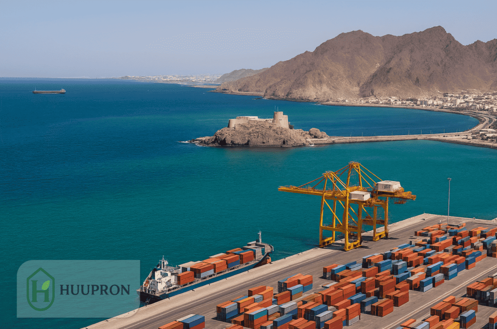 Aerial view of Sultan Qaboos Port in Oman showing trade activity and shipping containers