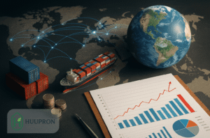 “Global trade 2025 international economy trends with cargo ships, charts, and containers”